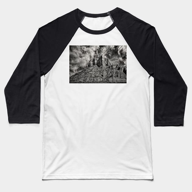 Castle Rock Arizona In Black And White Baseball T-Shirt by JimDeFazioPhotography